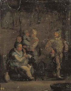 An interior with a family by a spinning wheel by Andries Both