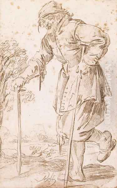 A Beggar, on crutches walking to the left - view 1