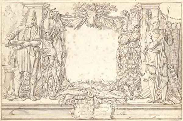 A cook and a fisherman flanking trophies of poultry and vegetables - view 1