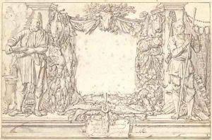 A cook and a fisherman flanking trophies of poultry and vegetables