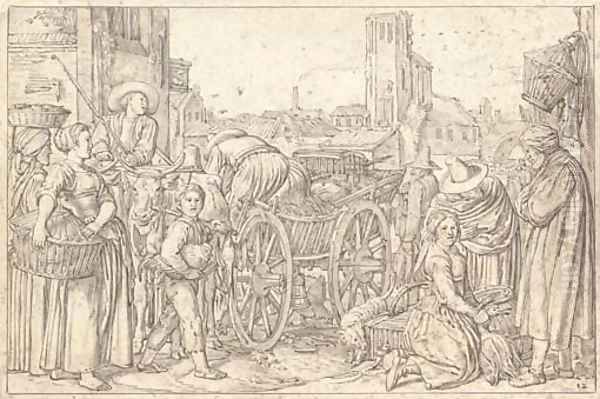 A poultry market in a Dutch town, with a church in the background - view 1