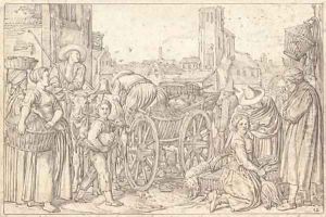 A poultry market in a Dutch town, with a church in the background by Willem Buytewech