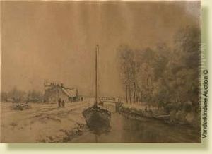 Bordde Canal Anime Sous La 
Neige, Fusain Et Lavis (?) Sur Papier. Signeen Bas A Gauche Armand Apol.
 Ecole Belge. Dim.: 40x60cm by Armand Apol