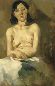 Zittend naakt met licht blauwe doek by George Hendrik Breitner