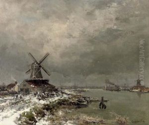 A Windmill Along A River In Winter