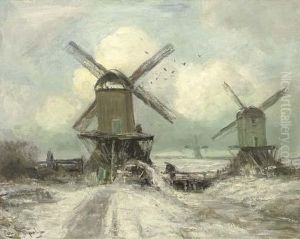 Windmills In A Snow Covered Polder Landscape by Louis Apol