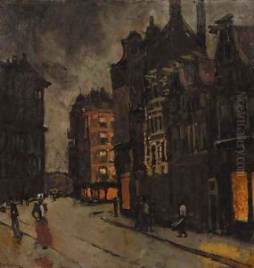 Paleisstraat te Amsterdam Figures on a street at dusk by George Hendrik Breitner