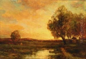 Figure Canoeing In A Landscape, Sunset
