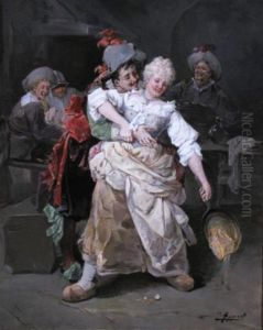 Cavalier Gentlemen Causing A Woman To Spill The Contents Of Her Skillet by Georges Appert