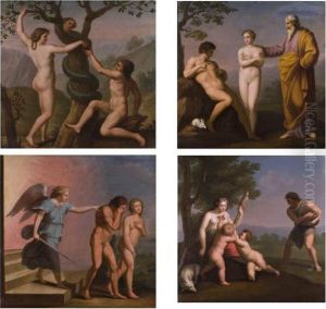 Bilderserie Von Vier Darstellungen Aus Dem Biblischen Adam Und Eva-thema