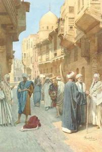 Figures conversing on a street in Cairo by Filipo or Frederico Bartolini