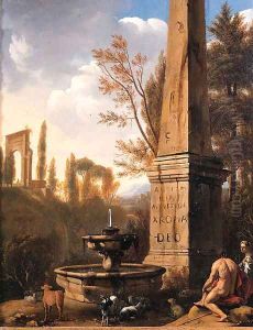 Shepherds resting by a fountain and an obelisk in an Arcadian landscape by Jan Gerritsz van Bronchorst