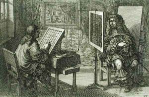Artist painting a portrait over a grid for accurate proportion, printed Paris 1737 by Abraham Bosse