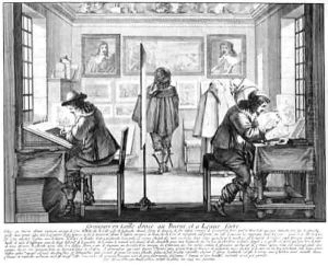 Plate engravers working with gallery behind by Abraham Bosse