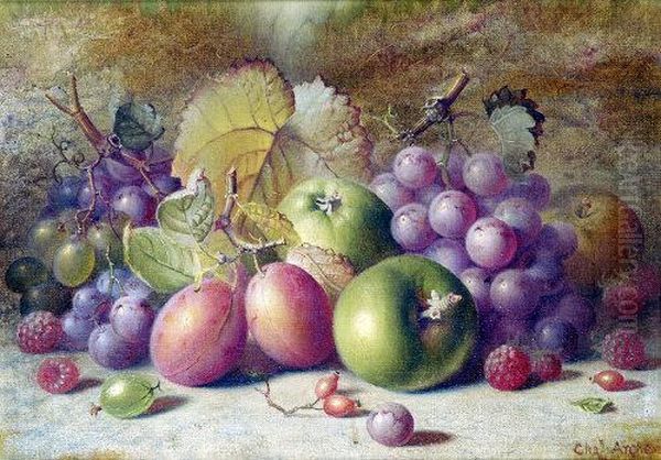Still Life, Plums, Apples, Raspberries And Grapes On A Mossy Bank - view 1