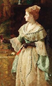 Portrait Of A Lady,
Three-quarter-length, In A Blue Lace-trimmeddress, Holding A Fan And A
Glass Of Wine, In An Interior by James Archer
