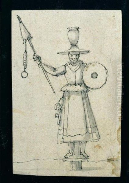 Manichino Femminile Con Scudo, Cappello Con Vaso Sovrastante E Asta Con Pendagli - view 1