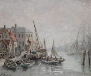 Harbour Village With Moored Fishing Boats by Henri Arden