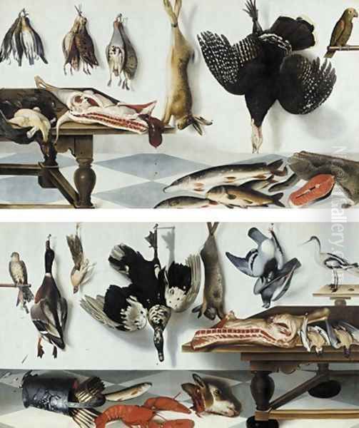 A game larder with a hare, partridge, snipe, a turkey, a side of meat, capons, starlings, pike, eel and fish with a parrot - view 1