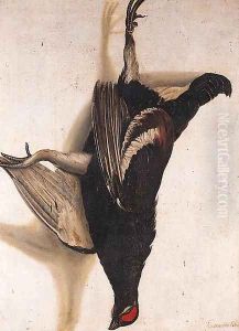 A tromp-l'oeil of a Blackcock hanging from a Nail