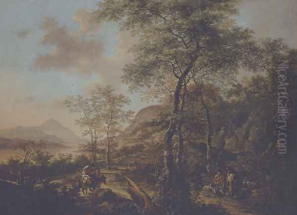 An Italianate evening landscape with a muleteer and goatherds on wooded path, a river and mountains beyond - view 1