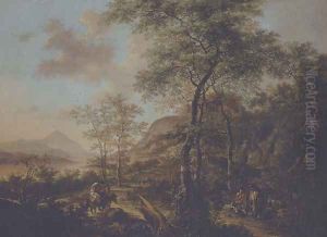 An Italianate evening landscape with a muleteer and goatherds on wooded path, a river and mountains beyond by Jan Both