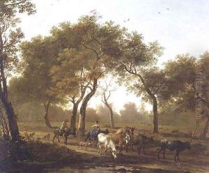Two peasants with a herd of cattle on a wooded path leading to a lake by Jan Both
