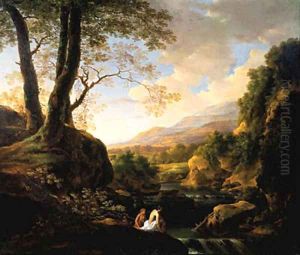 An Italianate landscape with bathers at a river by Jan Both