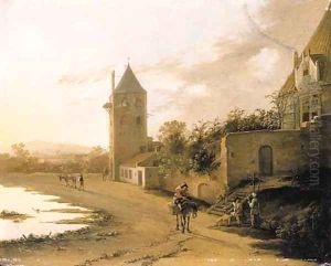 An Italianate landscape with travellers on a path before the Plompetoren, Utrecht by Jan Both