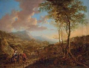 An Italianate landscape with peasants on a path by Jan Both