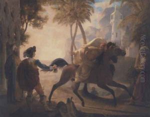 A coastal landscape with a cavalier purchasing an Arab stallion by Pierre-Nolasque Bergeret