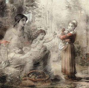 A Peasant Girl Offering Flowers to a Woman and Child by William (P.) Babcock