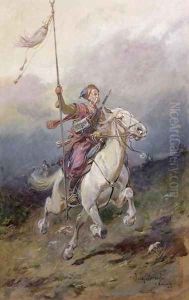 The Pathfinder, a seventeenth century Polish cavalryman on a white charger by Josef von Brandt