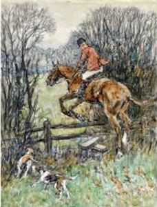 Ahuntsman Taking A Stile Followed By Hounds Charcoal And by George Denholm Armour