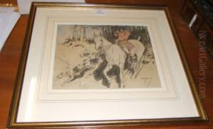Huntsman On Horseback With Hounds Leaving A Covert by George Denholm Armour