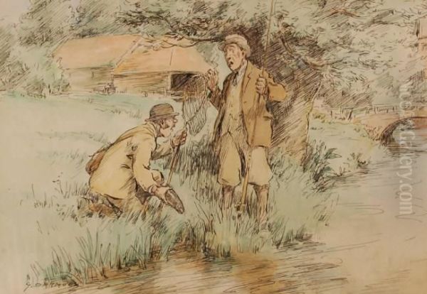 Pen, Ink Andwatercolour Cartoon,
Anglers On A River Bank, Signed With Captionon The Mount, Artist
Dedication Verso. 7.5" X 11" - view 1