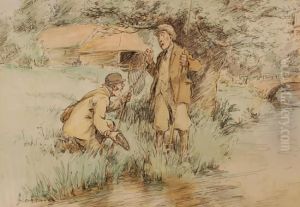 Pen, Ink Andwatercolour Cartoon,
Anglers On A River Bank, Signed With Captionon The Mount, Artist
Dedication Verso. 7.5" X 11" by George Denholm Armour