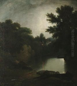 A River Landscape At Sunset With Fishermen.