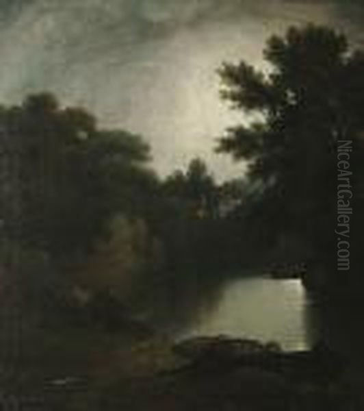 A River Landscape At Sunset With Fishermen - view 1