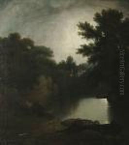 A River Landscape At Sunset With Fishermen by George Arnald