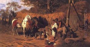 Kozak i dziewczyna przy studni by Josef von Brandt
