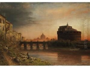 Engelsbrucke In Rom Mit Engelsburg Und Petersdom by Albert Arnz