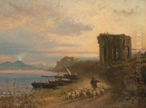 Italian Coastal Landscape With Shepherd And His Flock by Albert Arnz