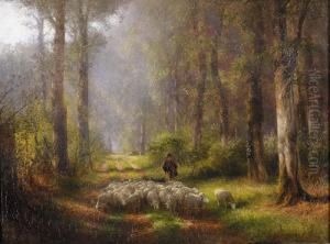 Waldweg Mit Hirte Und Seiner Herde. by Albert Arnz