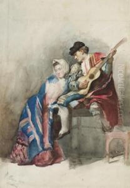 Un Guitariste Espagnol Accompagne D'une Femme Assise A Ses Cotes - view 1