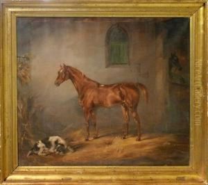 Stallinterior Med Hastar. A 
Tergo " Gandolin Engl Fullblod Tillp. Von Moller". Enligt Uppgift Prov: 
Skottorp Slott. by John Arsenius