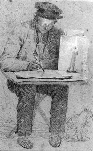The artist seated at a drawing table lit by a candle, a cat under the table