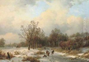A sunlit winter landscape with villagers on a frozen waterway by Willem Bodemann
