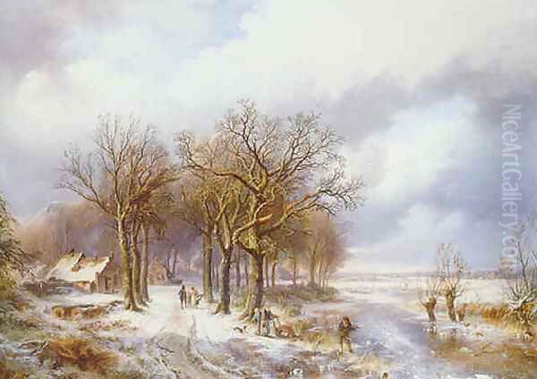 A winter landscape with a wood gatherer on a frozen ditch and peasants on a snowy path - view 1