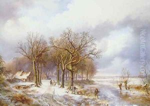 A winter landscape with a wood gatherer on a frozen ditch and peasants on a snowy path by Willem Bodemann